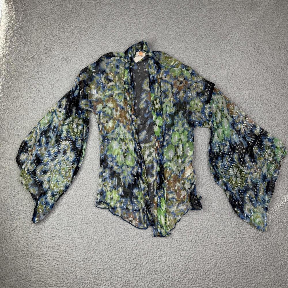 Free People FP One Blue Green Sheer Metallic Kimono Women's XS Bell Sleeves
